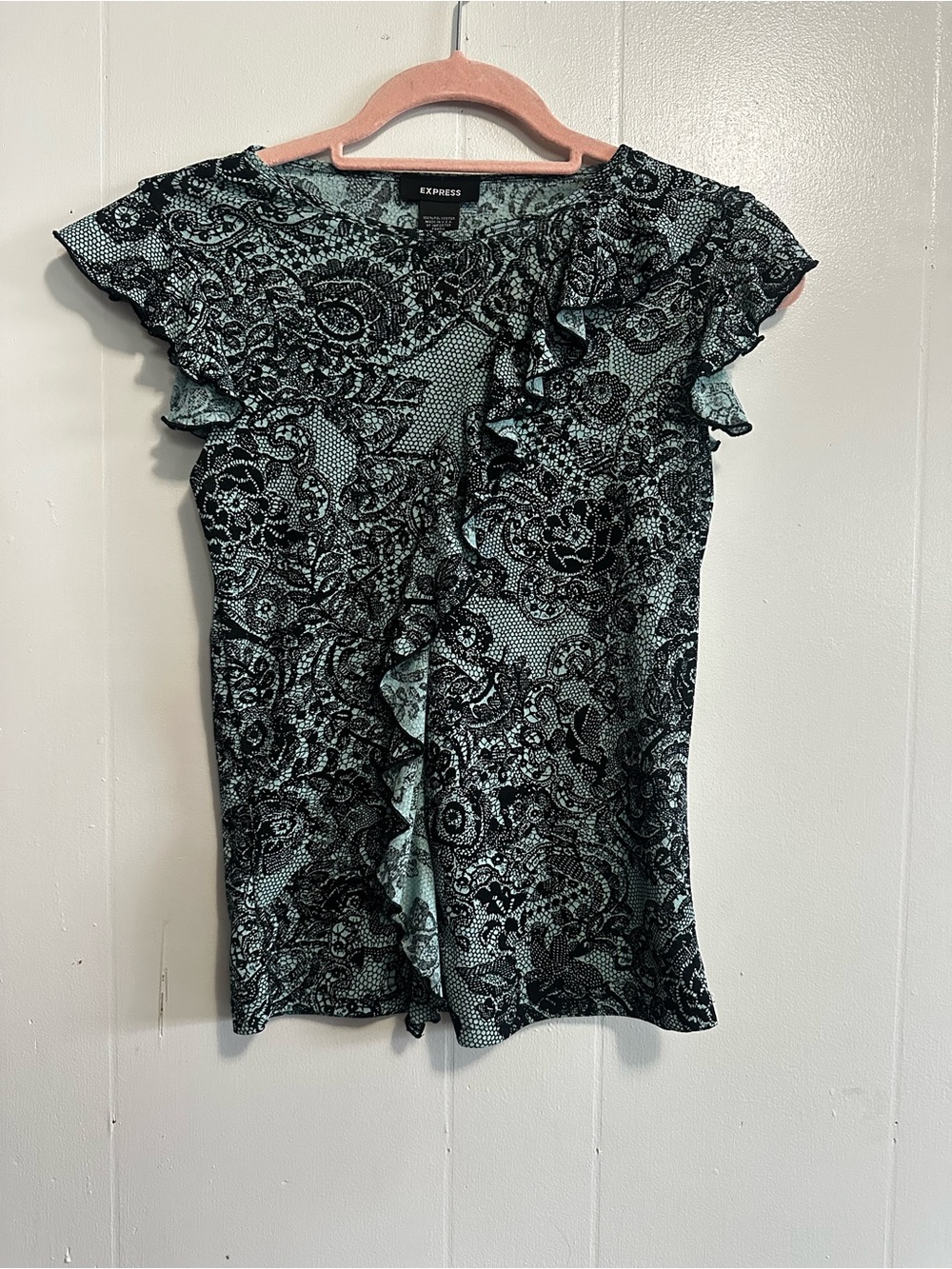 Express Mint and Black Lace-Print Ruffle Shell